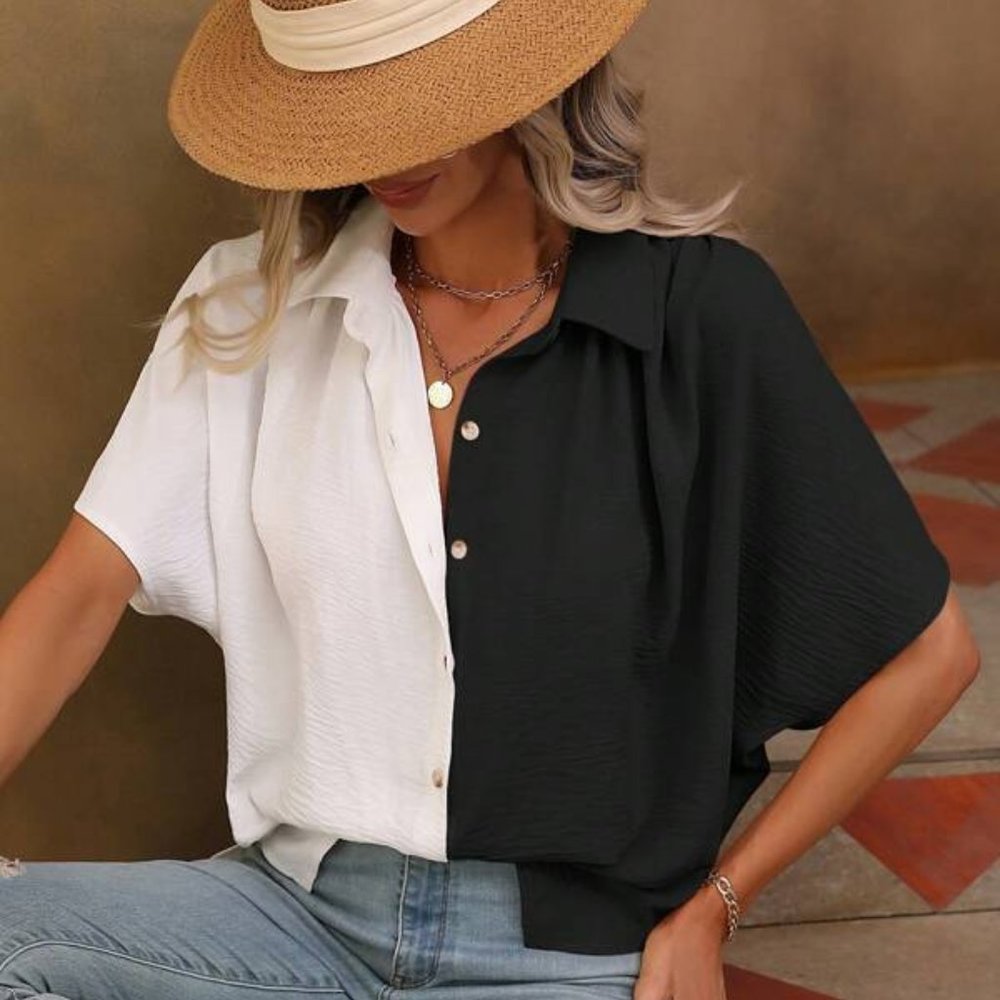 Black and White Color Block 2 Tone Button Up Down Shirt